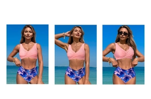 Details des rosa Halter-Bikinioberteils und der hochtaillierten Hose mit Palmenmuster am Strand