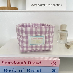 Quilted soft purple gingham fabric storage basket for makeup and desktop organization