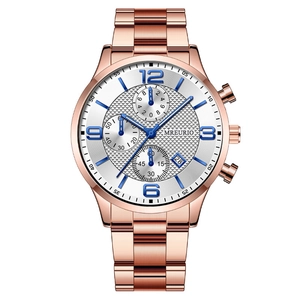 Reloj cronógrafo para hombre en oro rosa con esfera plateada y números azules en blanco