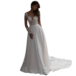 Elegant long sleeve lace wedding dress with U-neck and backless train design