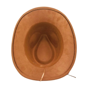 Détail de l'intérieur du chapeau de cowboy en daim kaki montrant le bandeau et le cordon