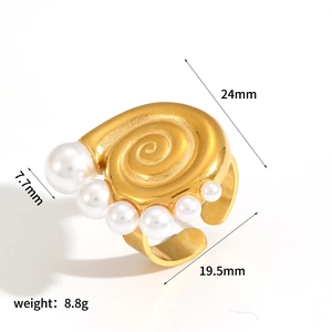 Golden snail textured stainless steel ring with white pearls, 24mm wide spiral design