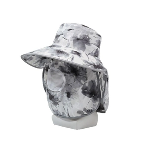 Damen Sonnenhut mit Blumenmuster, breiter Krempe, Gesichtsmaske und Nackenschutz