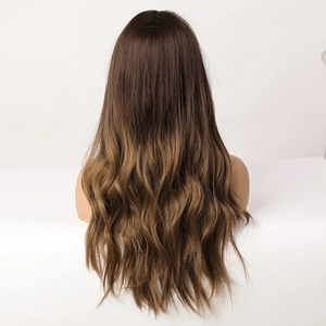 Rear view of long wavy wig with natural brown gradient and smooth synthetic fibers