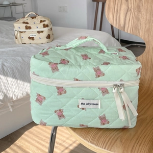 Detail of mint green quilted makeup bag with teddy bear pattern and top handle