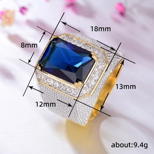 Anello hip hop da uomo con zircone blu e placcatura in oro con misure dettagliate