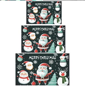 Three rectangular Christmas welcome floor mats with Merry Christmas snowman and reindeer prints