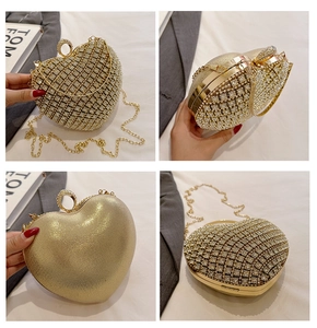 Detailed four-angle views of a heart-shaped evening bag with sparkling gold rhinestones