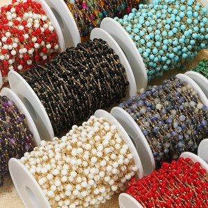 Colorful natural stone beaded chain rolls for DIY jewelry making in gold stainless steel