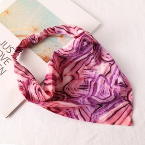 Detailed flat lay of pink and purple marble pattern chiffon headscarf with elastic band