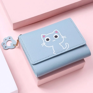 Cute light blue trifold wallet for women with cartoon cat pattern and paw charm