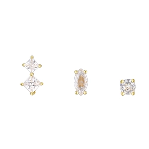 Three-piece geometric gold S925 silver stud earrings with square and round zircons