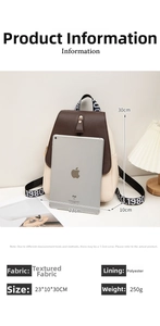 Detail view of contrast-color backpack size 23x10x30cm compared with an iPad