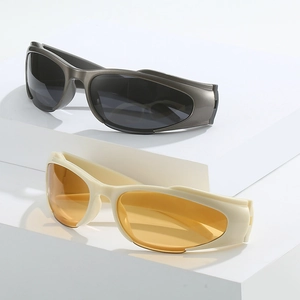 Chic Y2K sports cycling sunglasses in dark grey and off-white frames with sleek wrap design