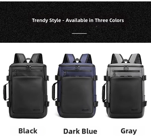 Three multi-functional business backpacks in black, blue and gray with side handles