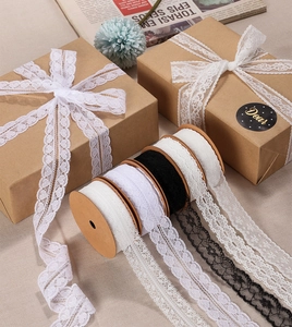 Lace ribbon with heart patterns shown on a gift box for wedding flower decoration