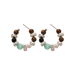 Retro C-shaped hoop earrings with tiger eye stone, cat eye beads and white pearls