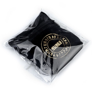 Black velvet drawstring pouch for 25 rune stones featuring a gold runic symbol and text