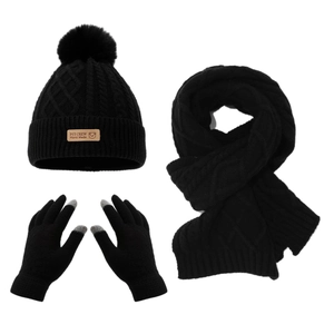 Winter knit set for kids featuring bear logo hat, long scarf, and touchscreen gloves in black