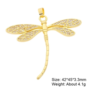 Gold dragonfly pendant with crystals showing size 42x45x3.3mm and weight 4.1g