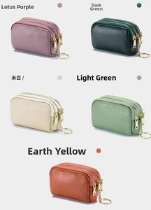 Three-layer genuine leather mini purses in five colors with lychee texture and key ring