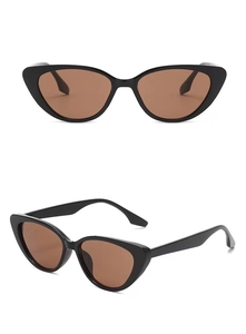 Detailed views of black cat-eye sunglasses with dark brown lenses on white background