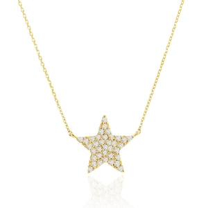 Fashionable gold plated star necklace with sparkling white zircon stones on white background
