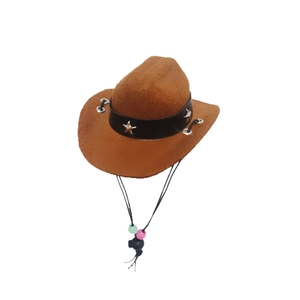 Brown felt Western cowboy pet hat with silver star studs and adjustable cord for small dogs