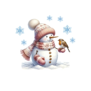 Christmas snowman wall sticker with pink hat, gloves and little bird for home decor