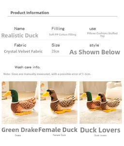 Detailed view of 29cm lifelike duck plush toy made of soft crystal velvet with PP cotton