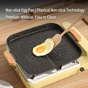 Non-stick maifan stone grill pan with wooden handles on a portable gas stove