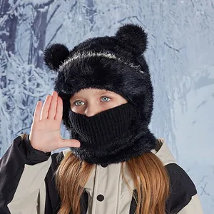 Kids black teddy ear thermal balaclava with fleece neck warmer for winter outdoor sports