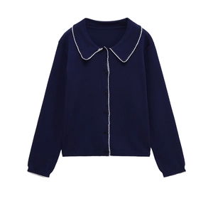 Damen Strickjacke Wellenkanten Peter Pan Kragen Langarm Polyester Acryl Knopfleiste Eleganter Pullover