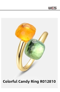 Macro detail of gold plated silver ring featuring square orange and green crystal stones