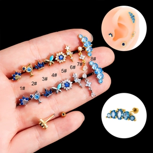 Blue Zircon Flower Butterfly Crown Cartilage Piercing Stud Stainless Steel Screw Back Earring Fashion Jewelry