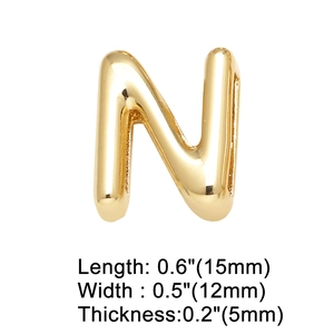 Detailed view of gold N letter charm with dimensions 15mm by 12mm for DIY jewelry