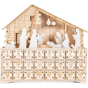 Wooden Nativity Advent Calendar with LED lights and 24 drawers for Christmas countdown