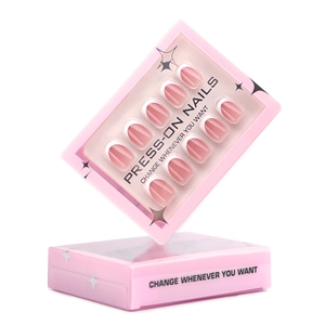 Classic short French press-on nails with white tips in elegant pink window packaging