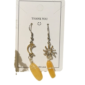 Handmade stainless steel sun and moon earrings with wire wrapped natural yellow quartz