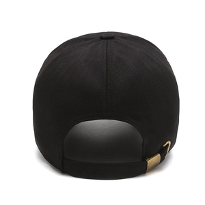 Rear view of black cotton baseball cap with adjustable metal buckle for middle-aged men