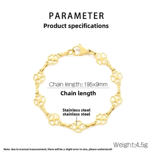 Detail view of hollow clover links in gold stainless steel necklace with dimensions