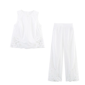 Haut Sans Manches Col Rond Et Pantalon Femme Polyester Broderie Ajourée Blanc Style Français Élégant