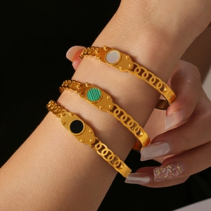 Retro titanium steel gold bangles set with white shell and colorful acrylic inserts