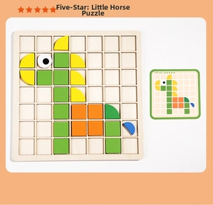 Detail view of children's 3D wooden mosaic puzzle forming a horse shape on a grid board