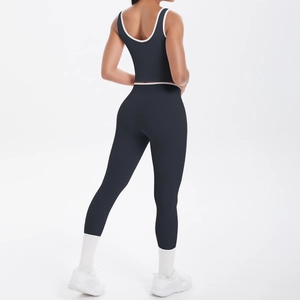 U-back yoga vest and high-waisted leggings with white contrast piping detail