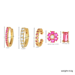 Detailed view of 5-piece gold floral earring set with pink zircons and size measurements