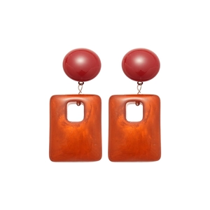 Retro acrylic square drop earrings with red studs and orange marbled pendant for women