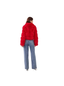 Short red faux fur coat for women featuring a layered texture design and long sleeves