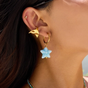 18K gold stainless steel earrings with blue ceramic starfish and fish tail pendants