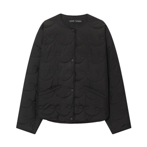 Women's black quilted jacket featuring unique bow patterns and a clean crew neck design